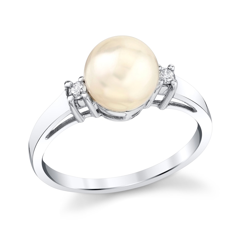 Main Image 1 of 7.0mm Freshwater Cultured Pearl and 1/15 CT. T.W. Diamond Three Stone Ring in 14K White Gold