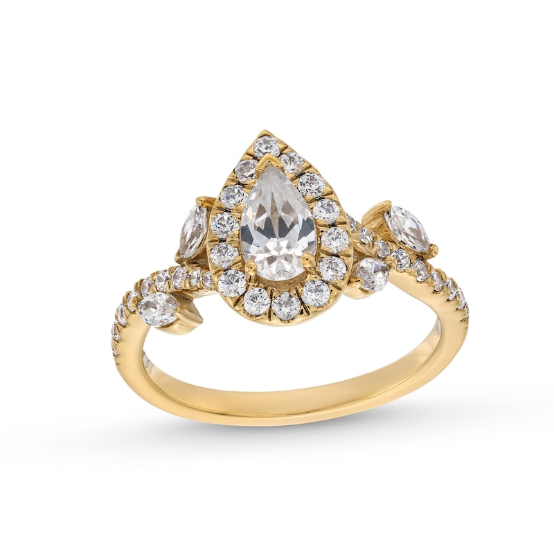 Main Image 1 of 1-1/4 CT. T.W. Pear-Shaped Diamond Frame Leaf Shank Engagement Ring in 14K Gold