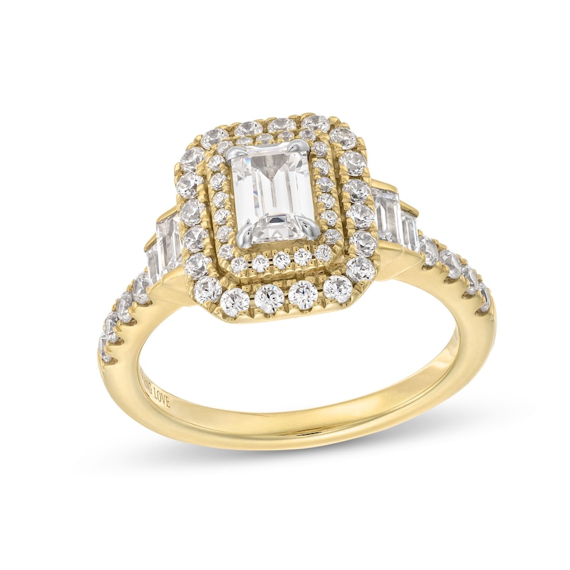 Main Image 1 of Vera Wang Love Collection 1-1/2 CT. T.W. Emerald-Cut Diamond Double Frame Stepped Collar Engagement Ring in 14K Gold