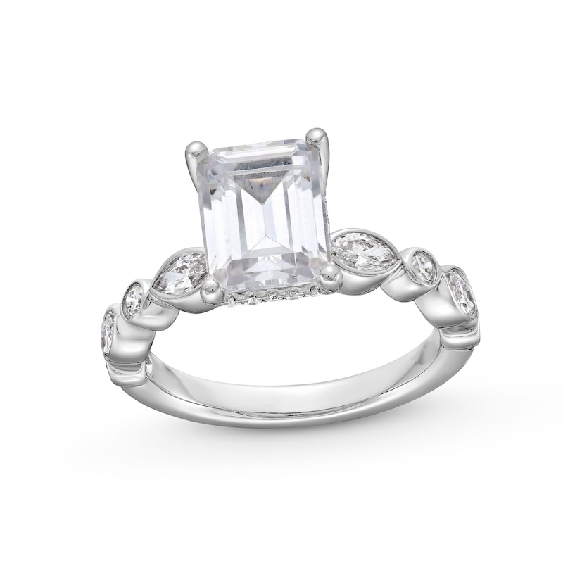 Main Image 1 of 3-3/4 CT. T.W. Emerald-Cut Certified Lab-Created Diamond Alternating Shank Engagement Ring in 14K White Gold (F/VS2)