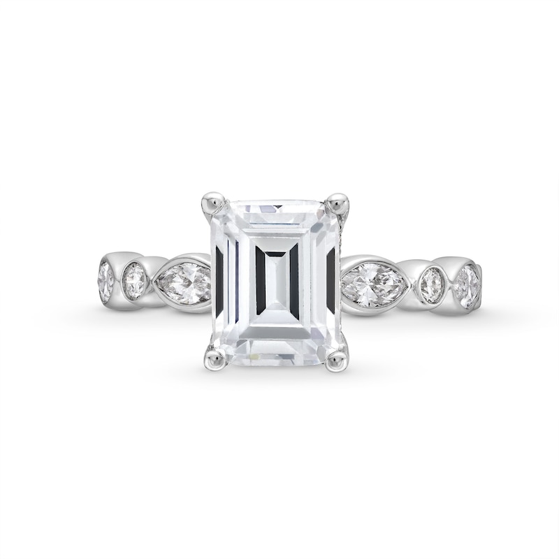 Main Image 4 of 3-3/4 CT. T.W. Emerald-Cut Certified Lab-Created Diamond Alternating Shank Engagement Ring in 14K White Gold (F/VS2)