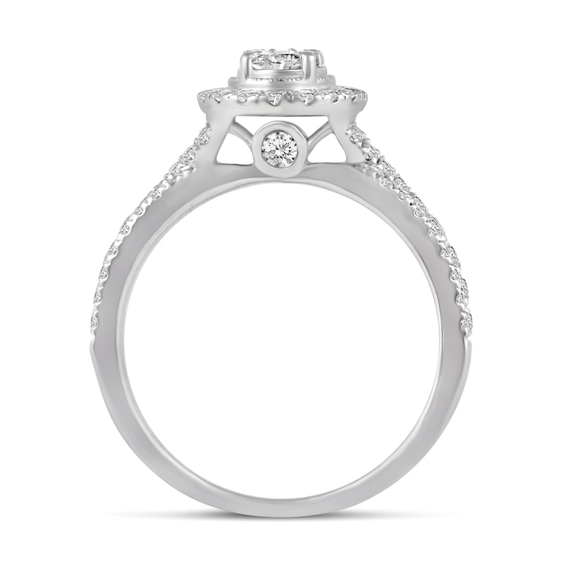 1 CT. T.W. Oval Multi-Diamond Frame Split Shank Engagement Ring in 14K White Gold