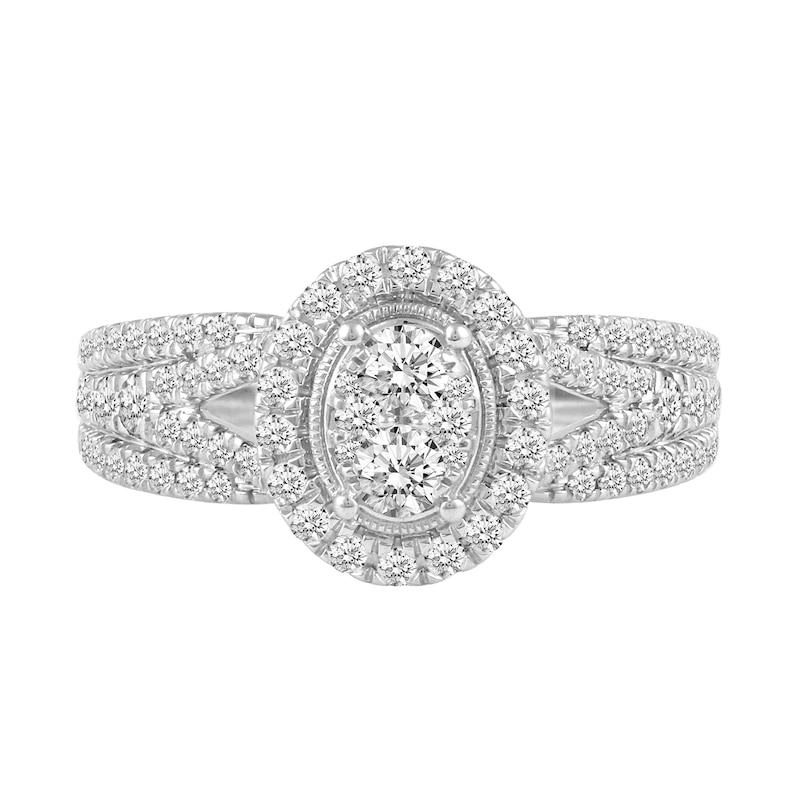 1 CT. T.W. Oval Multi-Diamond Frame Split Shank Engagement Ring in 14K White Gold