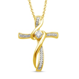 1/10 CT. T.W. Diamond Ribbon Overlay Cross Pendant in Sterling Silver with 14K Gold Plate