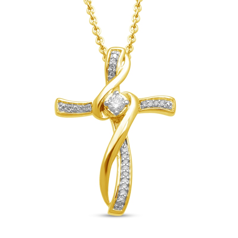 Main Image 1 of 1/10 CT. T.W. Diamond Ribbon Overlay Cross Pendant in Sterling Silver with 14K Gold Plate