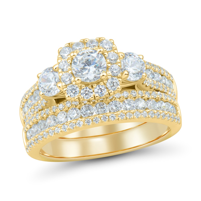 Main Image 1 of 2 CT. T.W. Diamond Past Present Future® Cushion Frame Triple Row Bridal Set in 14K Gold