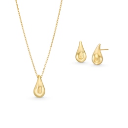 Teardrop Pendant and Stud Earrings Set in Hollow 10K Gold - 17&quot;