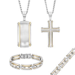 Diamond Accent Cross and Dog Tag Pendant with Link Bracelet Set in Stainless Steel and Yellow Ion Plate