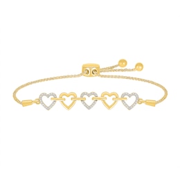 Diamond Accent Alternating Heart Bolo Bracelet in Sterling Silver with 10K Gold Plate - 9&quot;