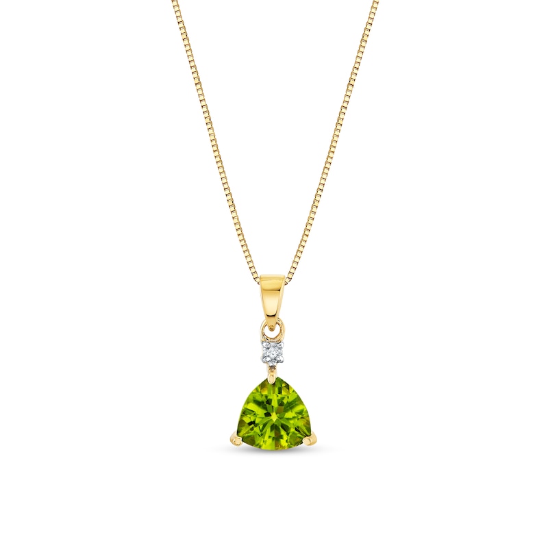 Main Image 1 of 7.0mm Trillion-Cut Peridot and Diamond Accent Drop Pendant in 14K Gold