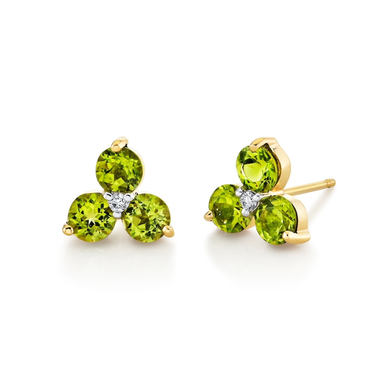 Main Image 1 of Peridot and 1/20 CT. T.W. Diamond Trio Stud Earrings in 14K Gold