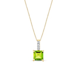 7.0mm Princess-Cut Peridot and 1/20 CT. T.W. Diamond Drop Pendant in 14K Gold