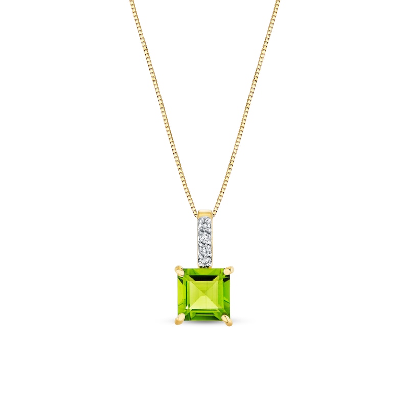 Main Image 1 of 7.0mm Princess-Cut Peridot and 1/20 CT. T.W. Diamond Drop Pendant in 14K Gold