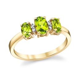 Oval Peridot and Diamond Accent Three Stone Ring in 14K Gold