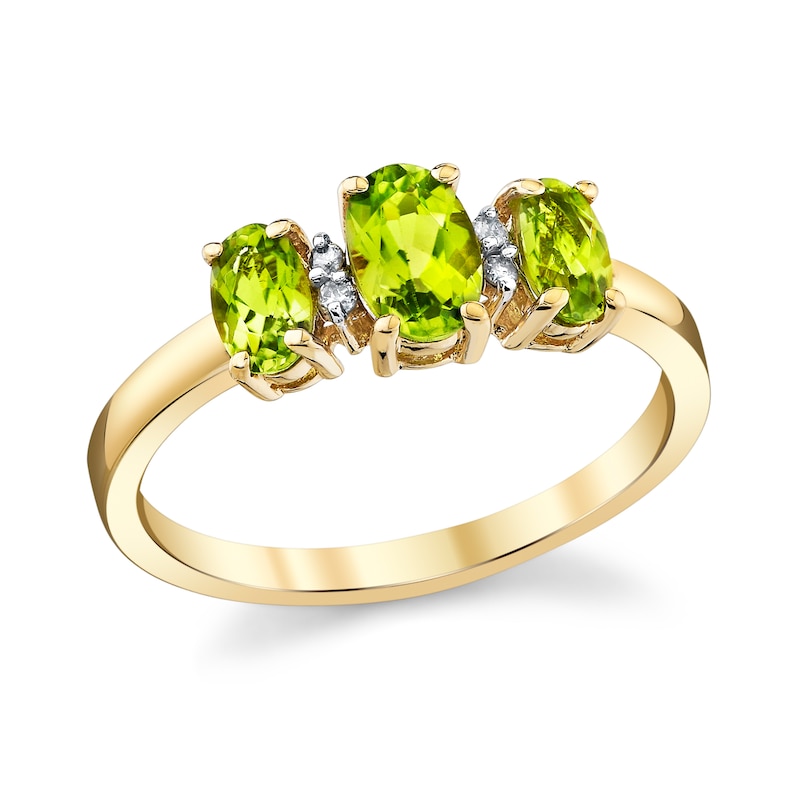 Main Image 1 of Oval Peridot and Diamond Accent Three Stone Ring in 14K Gold