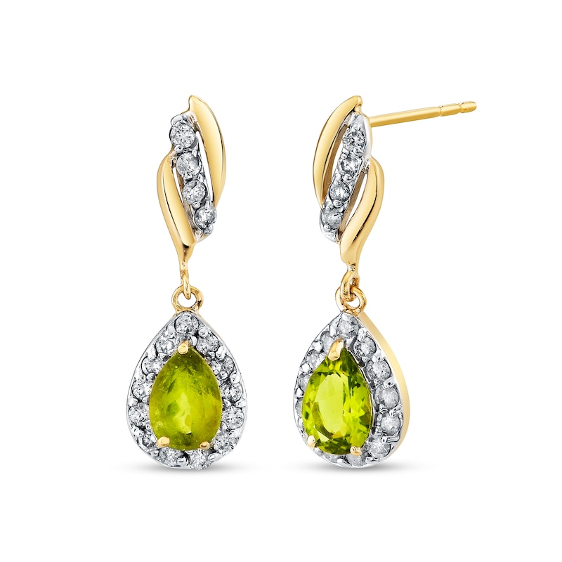 Main Image 1 of Pear-Shaped Peridot and 1/3 CT. T.W. Diamond Frame Flame Drop Earrings in 14K Gold