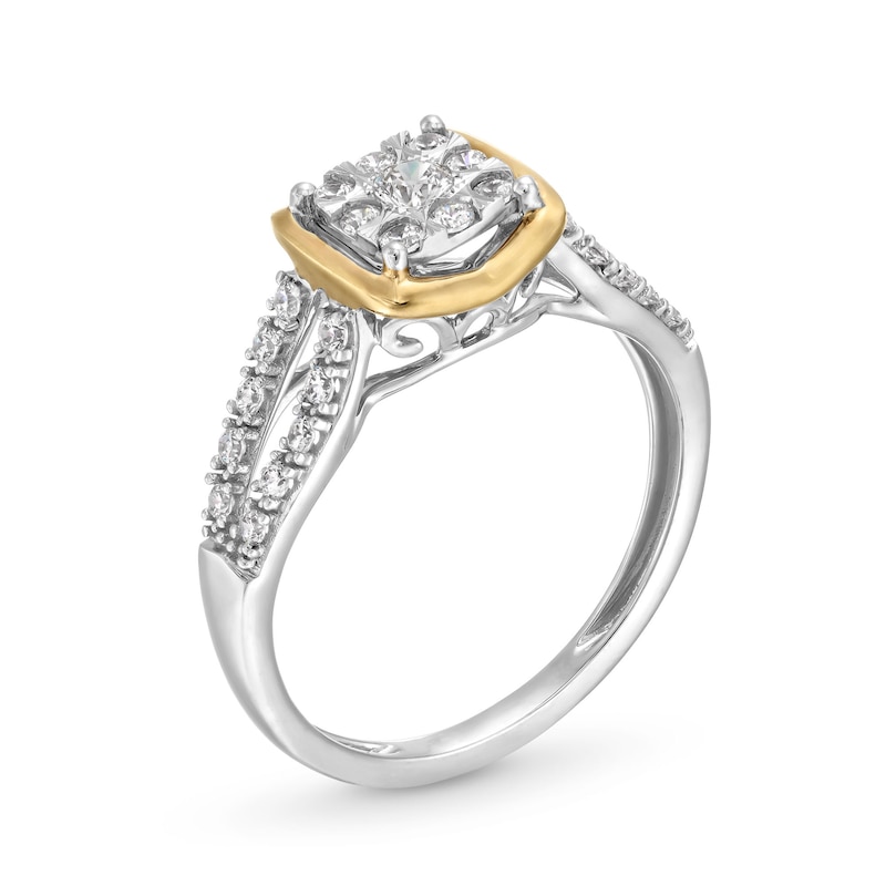 Main Image 3 of 1/3 CT. T.W. Cushion-Shaped Multi-Diamond Loop Split Shank Engagement Ring in 10K Two-Tone Gold