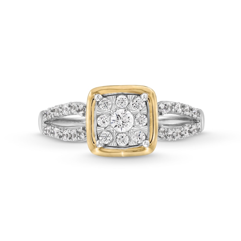 Main Image 4 of 1/3 CT. T.W. Cushion-Shaped Multi-Diamond Loop Split Shank Engagement Ring in 10K Two-Tone Gold