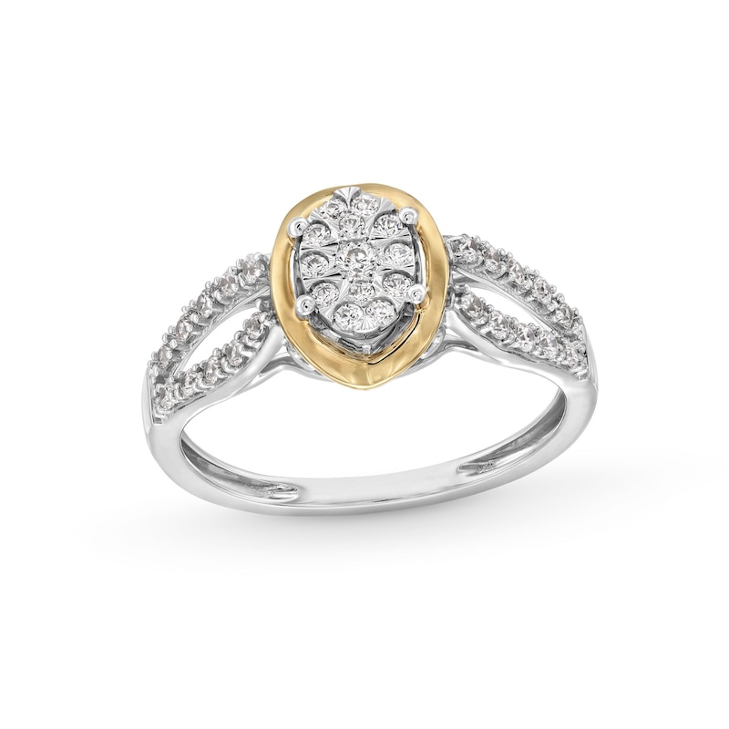 Main Image 1 of 1/3 CT. T.W. Oval-Shaped Multi-Diamond Loop Split Shank Engagement Ring in 10K Two-Tone Gold