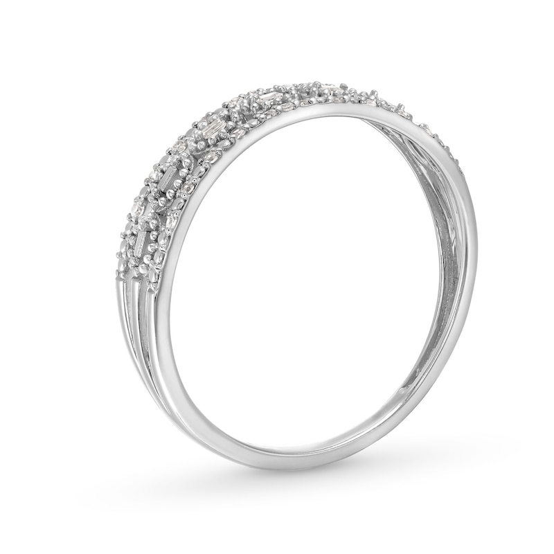 1/15 CT. T.W. Baguette and Round Diamond Open Triple Row Stackable Anniversary Band in 10K White Gold