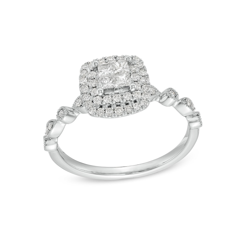 Main Image 1 of 1/2 CT. T.W. Quad Princess-Cut Diamond Double Cushion Frame Vintage-Style Engagement Ring in 10K White Gold