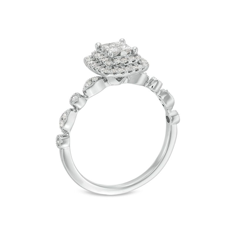 Main Image 3 of 1/2 CT. T.W. Quad Princess-Cut Diamond Double Cushion Frame Vintage-Style Engagement Ring in 10K White Gold