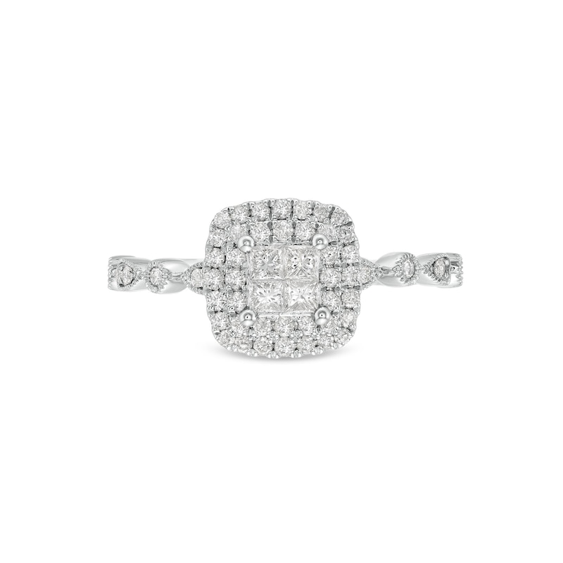 Main Image 4 of 1/2 CT. T.W. Quad Princess-Cut Diamond Double Cushion Frame Vintage-Style Engagement Ring in 10K White Gold