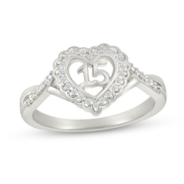 1/20 CT. T.W. Diamond Quinceañera “15” Scallop Heart Twist Shank Ring in Sterling Silver