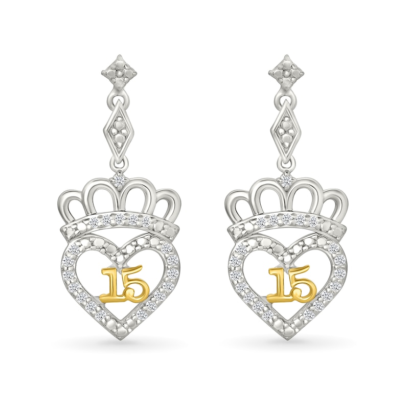 Main Image 3 of 1/6 CT. TW. Diamond Quinceañera “15” Heart Crown Drop Earrings in Sterling Silver and 10K Gold