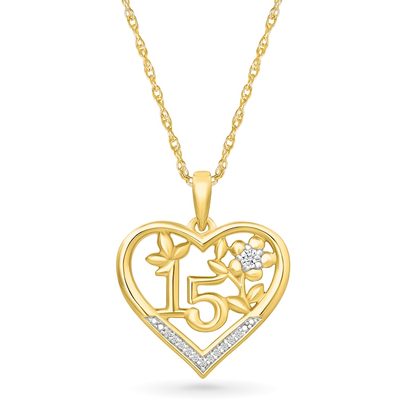 Main Image 1 of 1/20 CT. T.W. Diamond Quinceañera “15” Open Heart Flower Pendant in 10K Gold