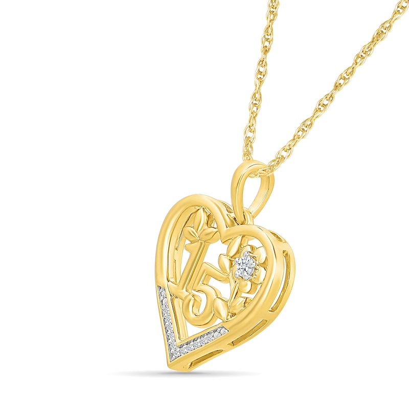 Main Image 2 of 1/20 CT. T.W. Diamond Quinceañera “15” Open Heart Flower Pendant in 10K Gold