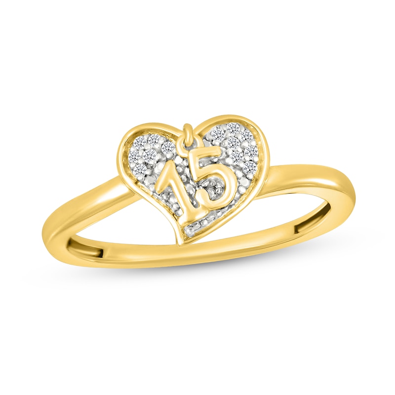 Main Image 1 of 1/20 CT. T.W. Diamond Quinceañera “15” Abstract Heart Charm Ring in Sterling Silver with 10K Gold Plate