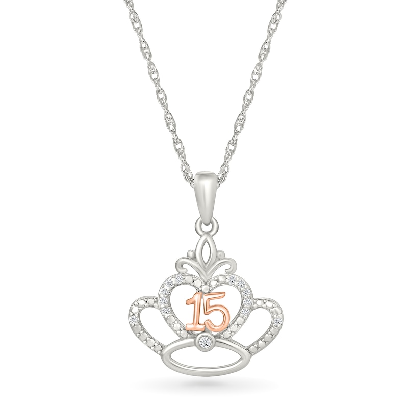 Main Image 1 of 1/20 CT. T.W. Diamond Quinceañera “15” Fleur-de-Lis Crown Pendant in Sterling Silver and 10K Rose Gold