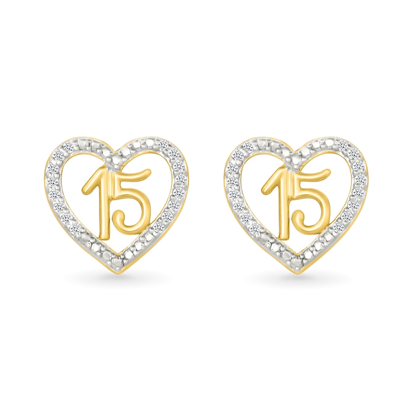 Main Image 2 of 1/10 CT. T.W. Diamond Quinceañera “15” Open Heart Stud Earrings in 10K Gold