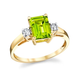 Emerald-Cut Peridot and 1/6 CT. T.W. Diamond Three Stone Ring in 14K Gold