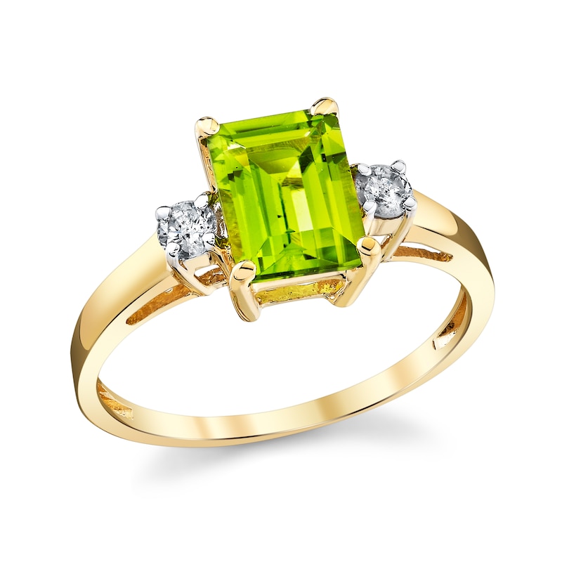 Main Image 1 of Emerald-Cut Peridot and 1/6 CT. T.W. Diamond Three Stone Ring in 14K Gold