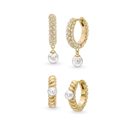 Freshwater Cultured Pearl and White Lab-Created Sapphire Hoop Earrings Set in Sterling Silver with 18K Gold Plate