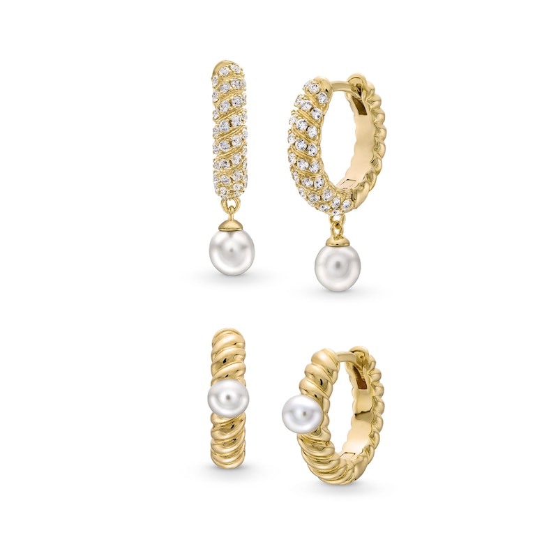 Main Image 1 of Freshwater Cultured Pearl and White Lab-Created Sapphire Hoop Earrings Set in Sterling Silver with 18K Gold Plate