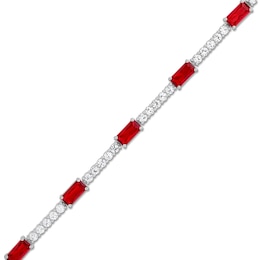 Emerald-Cut Lab-Created Ruby and White Lab-Created Sapphire Alternating Line Bracelet in Sterling Silver - 7.25”