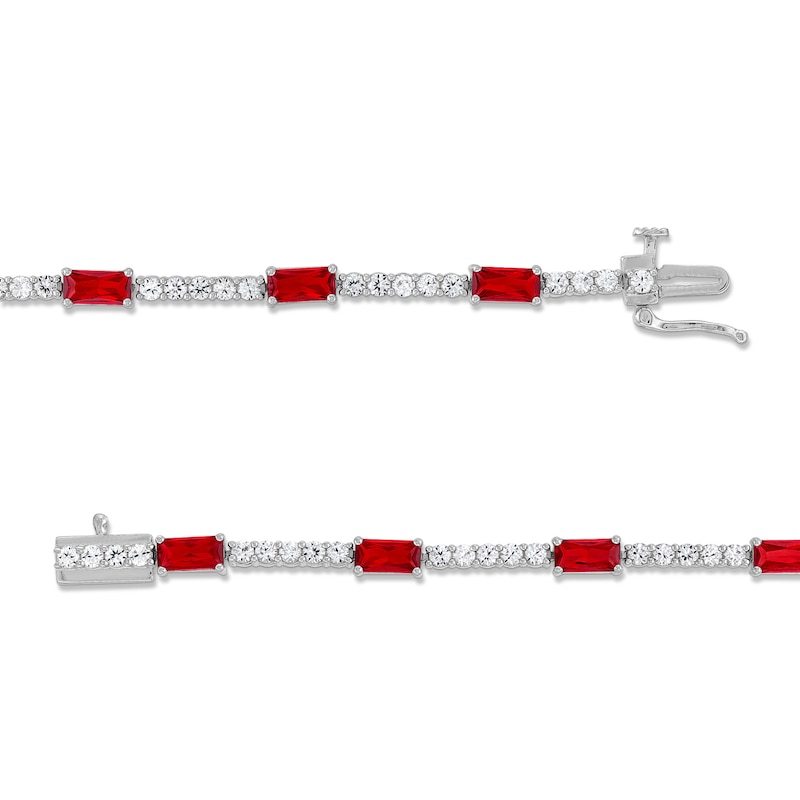 Main Image 3 of Emerald-Cut Lab-Created Ruby and White Lab-Created Sapphire Alternating Line Bracelet in Sterling Silver - 7.25”