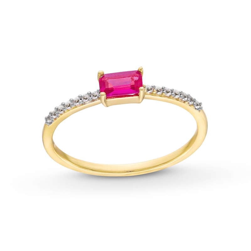 Sideways Emerald-Cut Lab-Created Ruby and White Lab-Created Sapphire Ring in Sterling Silver with 14K Gold Plate