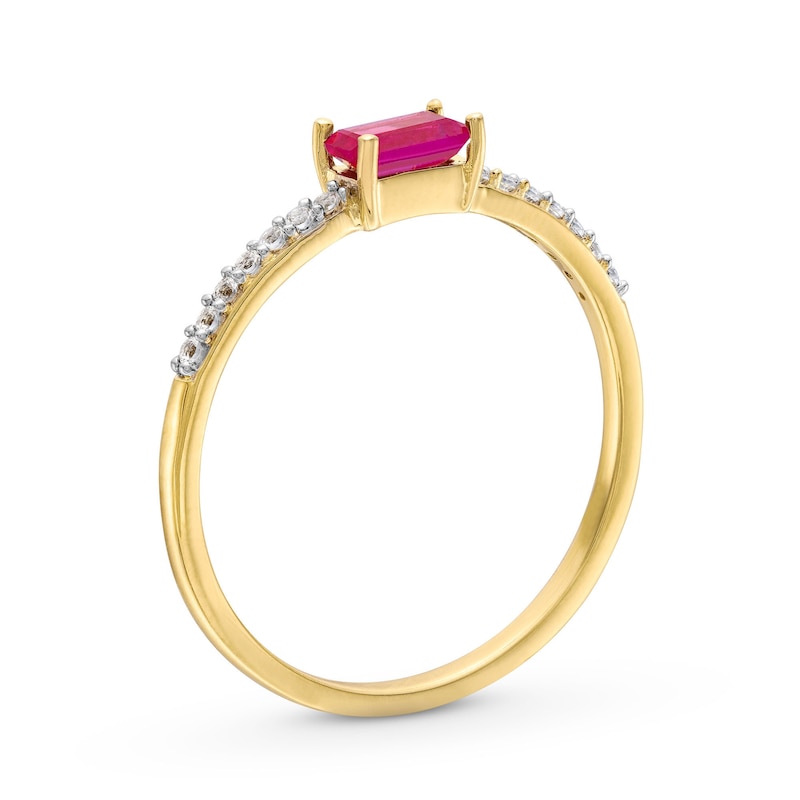 Sideways Emerald-Cut Lab-Created Ruby and White Lab-Created Sapphire Ring in Sterling Silver with 14K Gold Plate