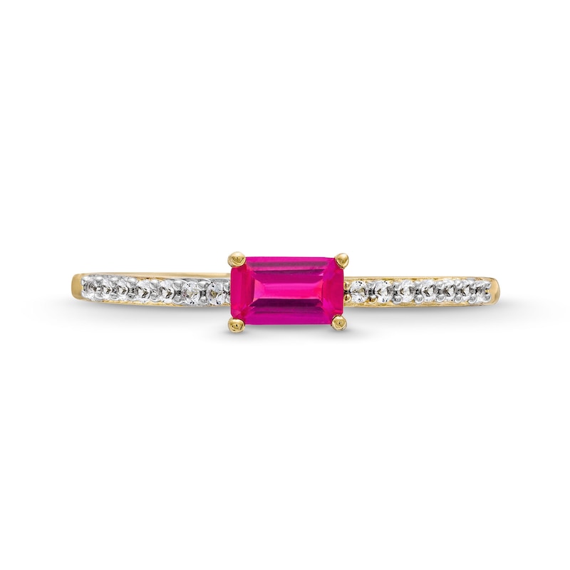 Sideways Emerald-Cut Lab-Created Ruby and White Lab-Created Sapphire Ring in Sterling Silver with 14K Gold Plate