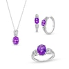 Thumbnail Image 1 of Oval Amethyst and White Lab-Created Sapphire Pendant, Ring and Hoop Earrings Set in Sterling Silver - Size 7