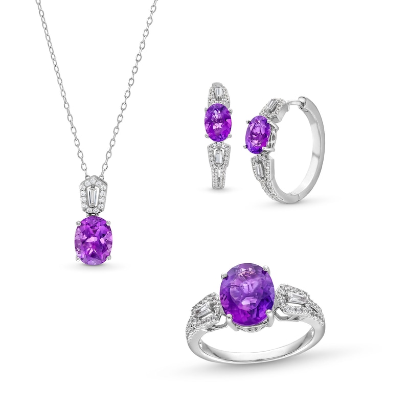 Main Image 1 of Oval Amethyst and White Lab-Created Sapphire Pendant, Ring and Hoop Earrings Set in Sterling Silver - Size 7