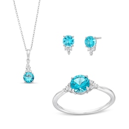 London Blue Topaz and White Lab-Created Sapphire Pendant, Ring, and Earrings Set in Sterling Silver - Size 7