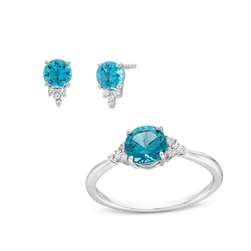 Main Image 1 of London Blue Topaz and White Lab-Created Sapphire Pendant, Ring, and Earrings Set in Sterling Silver - Size 7