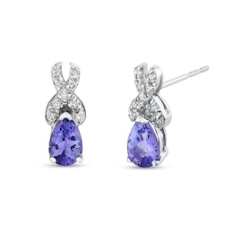 Pear-Shaped Tanzanite and 1/8 CT. T.W. Diamond Twist Stud Earrings in 14K White Gold