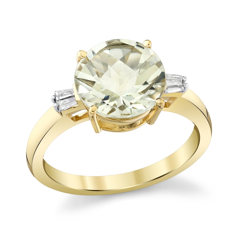 Main Image 1 of 10.0mm Green Quartz and 1/8 CT. T.W. Baguette Diamond Collar Ring in 10K Gold