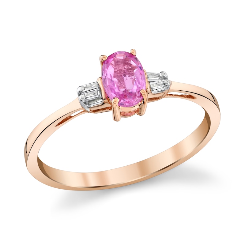 Main Image 1 of Oval Pink Sapphire and 1/20 CT. T.W. Baguette Diamond Collar Ring in 14K Rose Gold